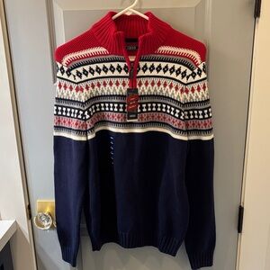 Izod Men's Red and Navy Zip-Up Sweater
